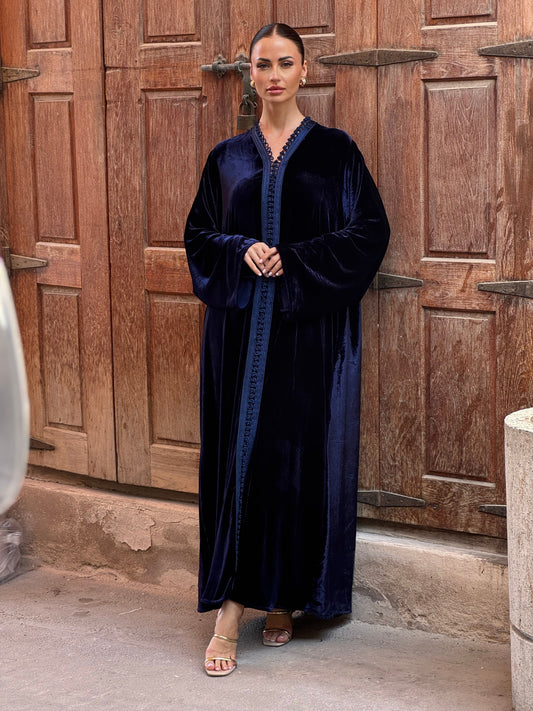 Navy Moroccan Silk Velvet Kaftan - ROXO