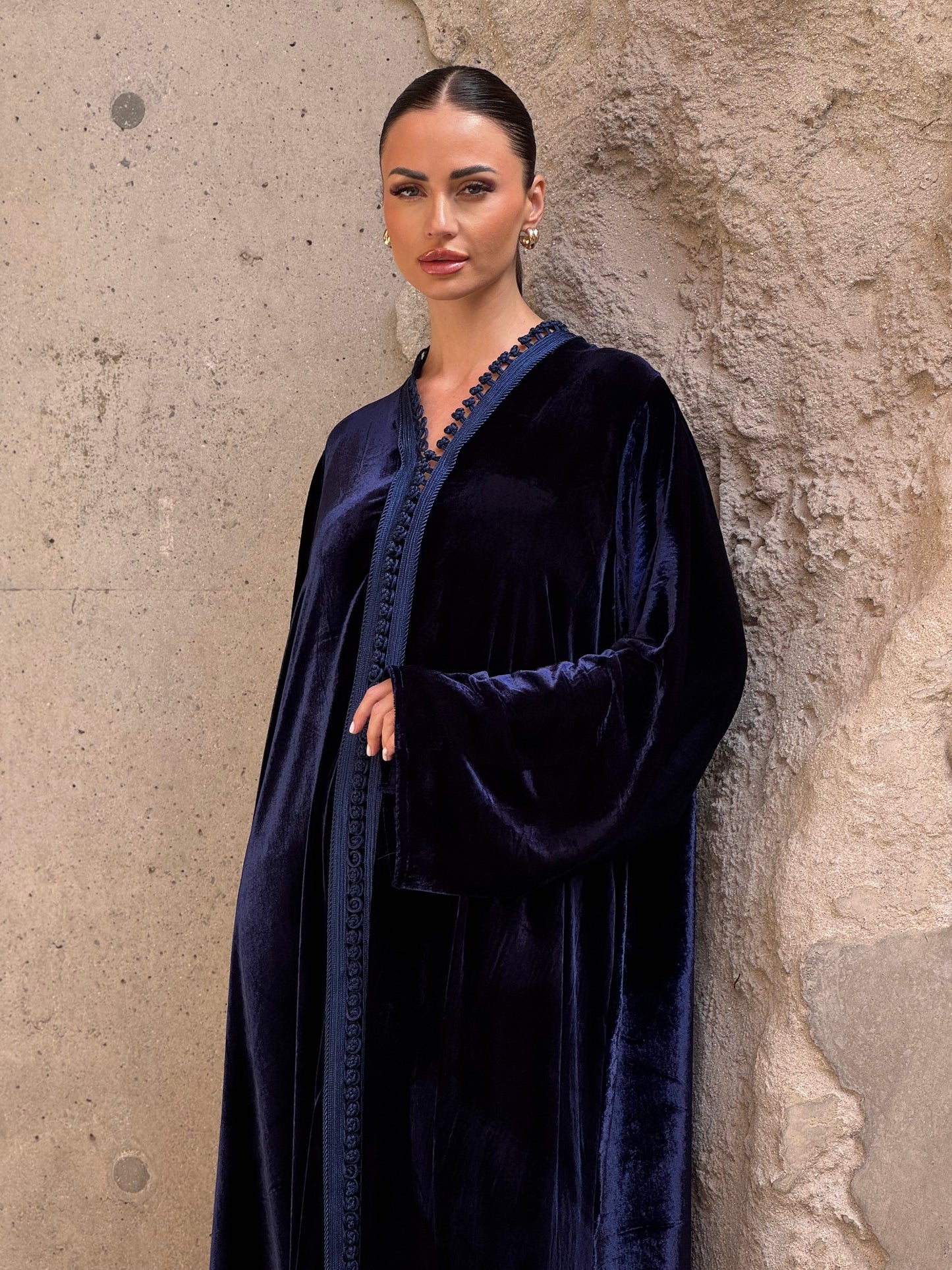 Navy Moroccan Silk Velvet Kaftan - ROXO