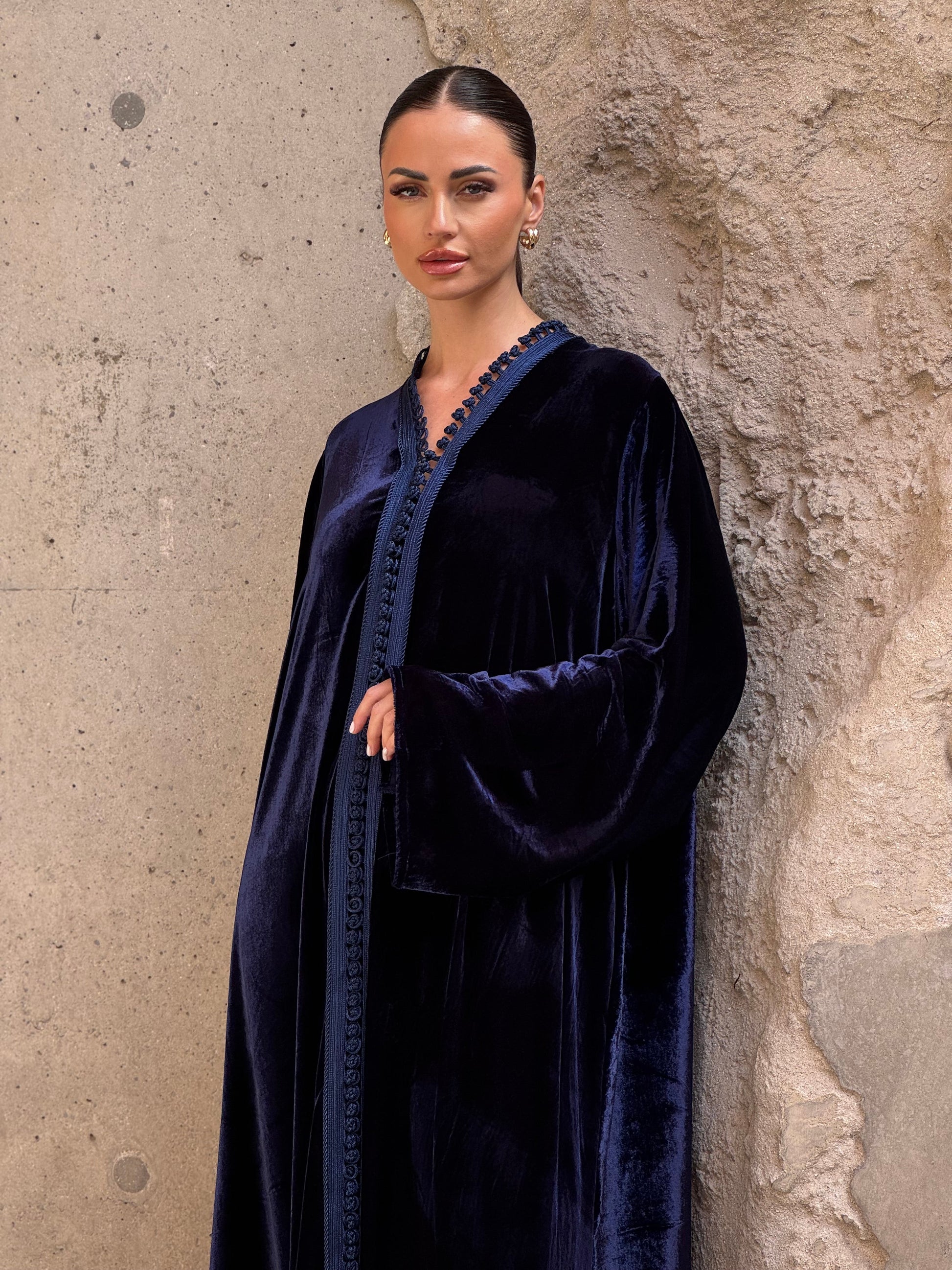 Navy Moroccan Silk Velvet Kaftan - ROXO