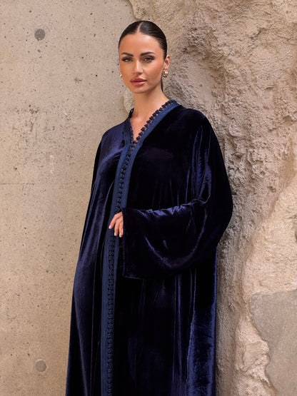 Navy Moroccan Silk Velvet Kaftan - ROXO