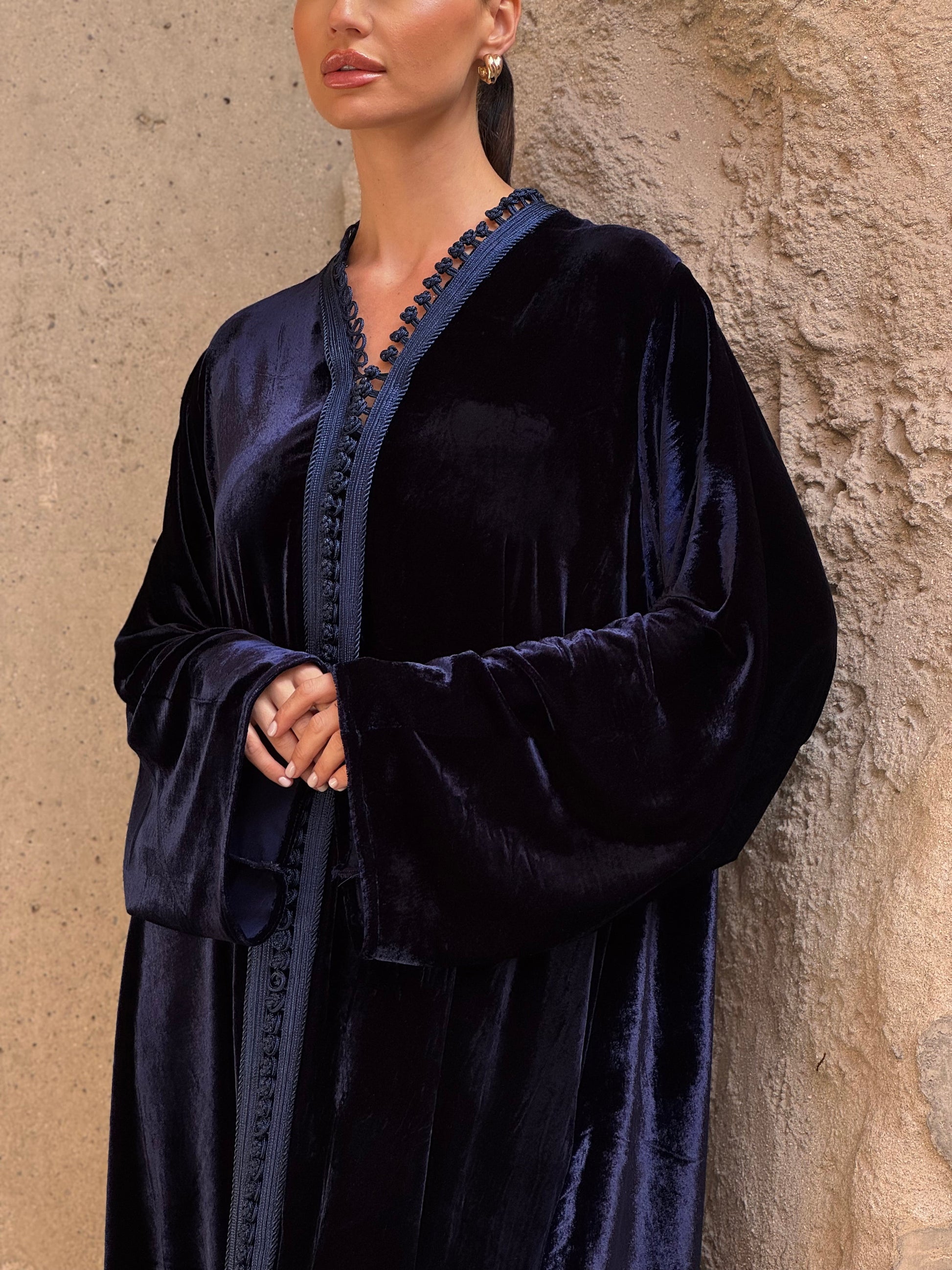 Navy Moroccan Silk Velvet Kaftan - ROXO