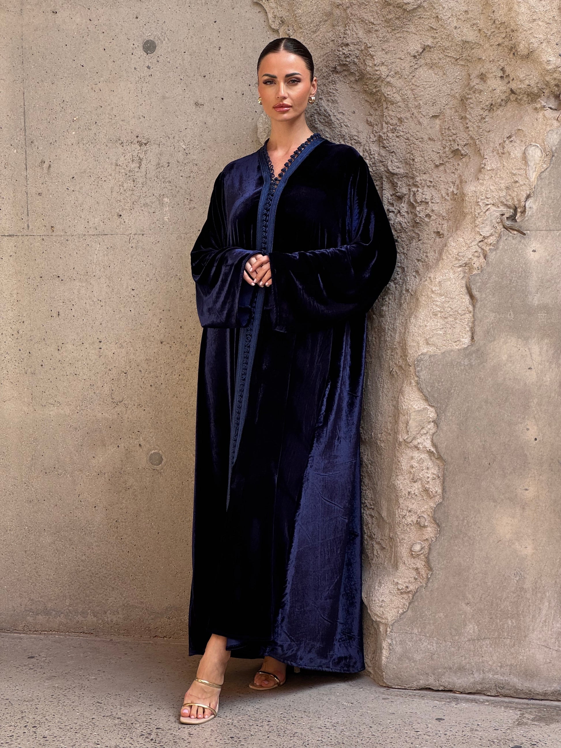 Navy Moroccan Silk Velvet Kaftan - ROXO