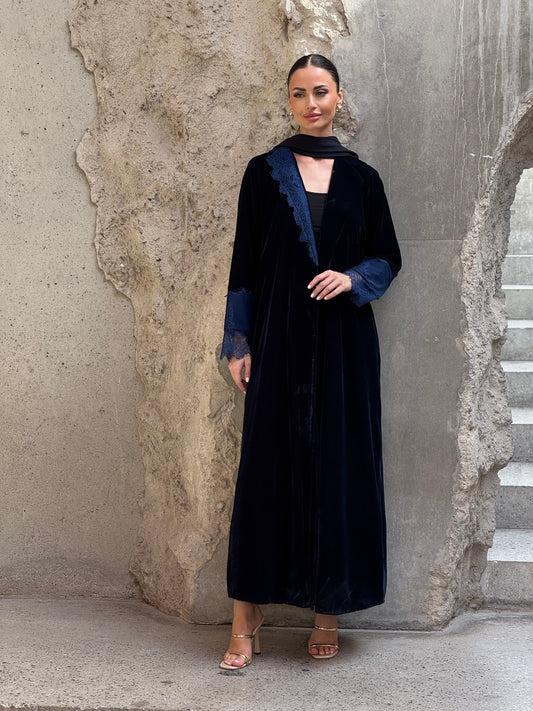 Navy Velvet Dantel Blazer Abaya - ROXO