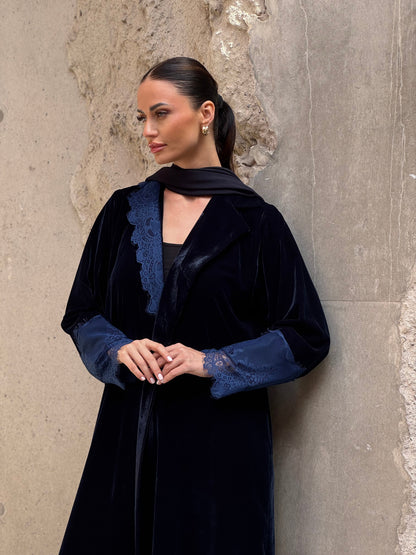 Navy Velvet Dantel Blazer Abaya - ROXO