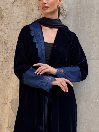 Navy Velvet Dantel Blazer Abaya - ROXO