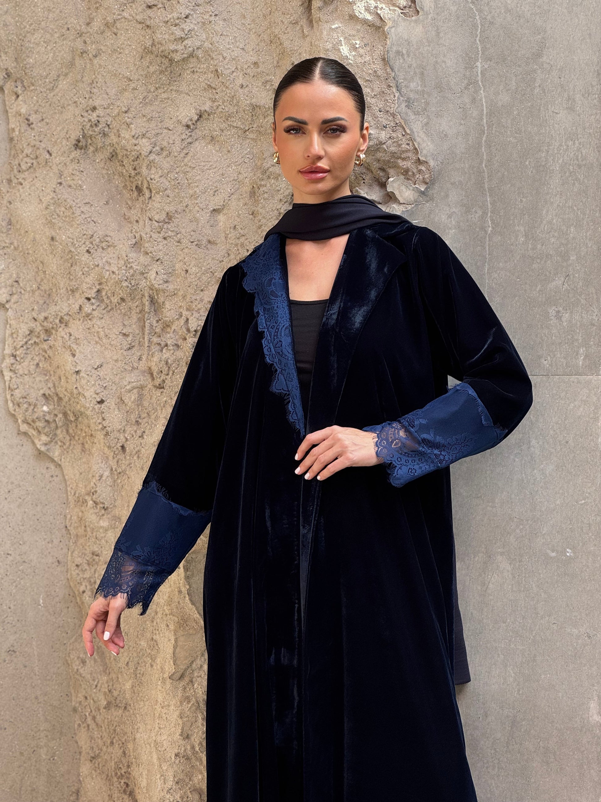 Navy Velvet Dantel Blazer Abaya - ROXO