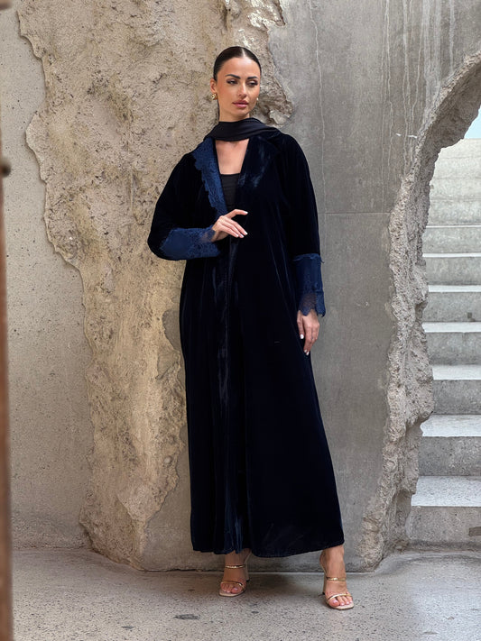 Navy Velvet Dantel Blazer Abaya - ROXO