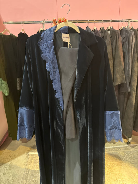 Navy Velvet Dantel Blazer Abaya - ROXO