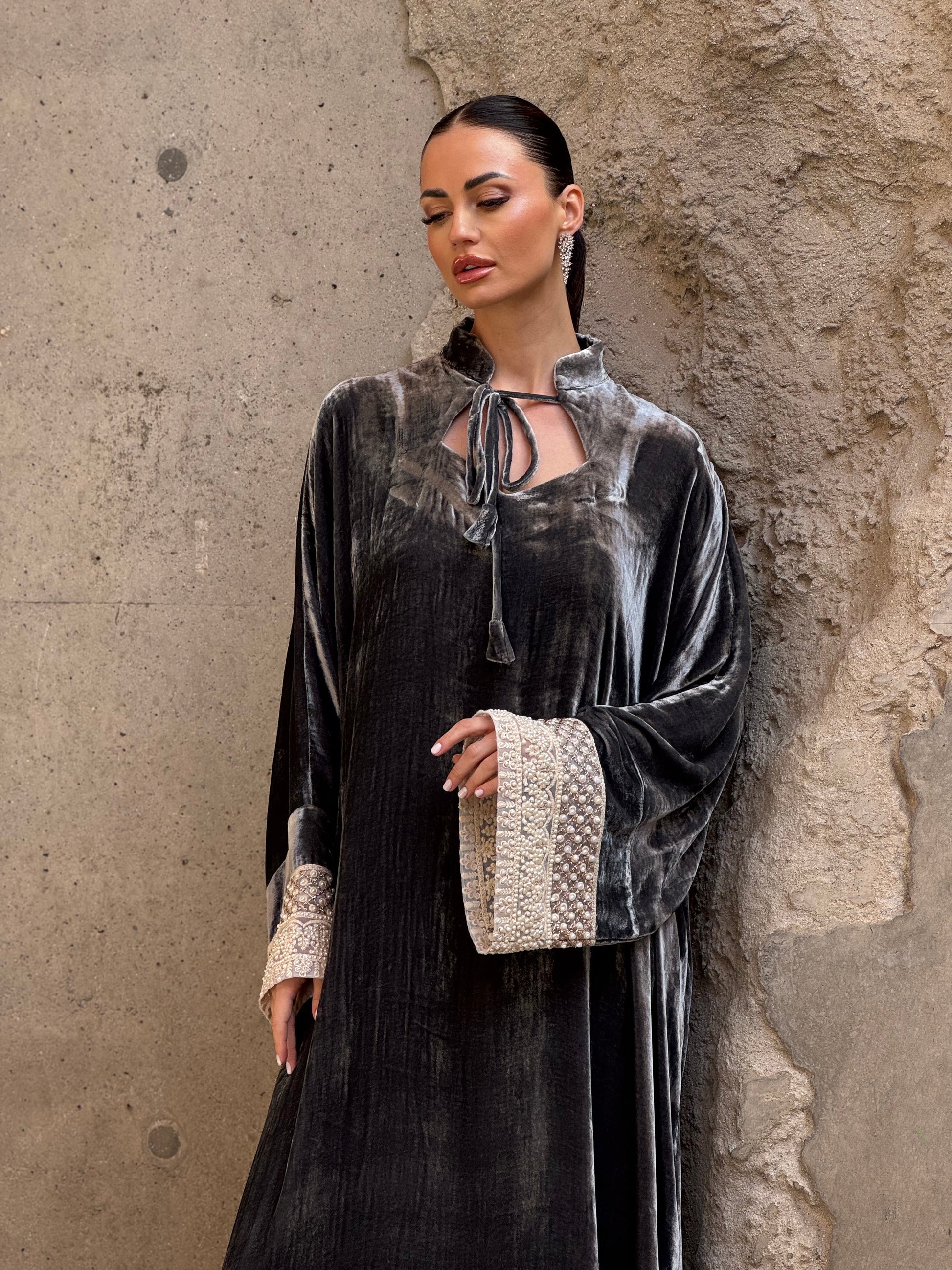 Pearls French Silk velvet kaftan 3 - ROXO