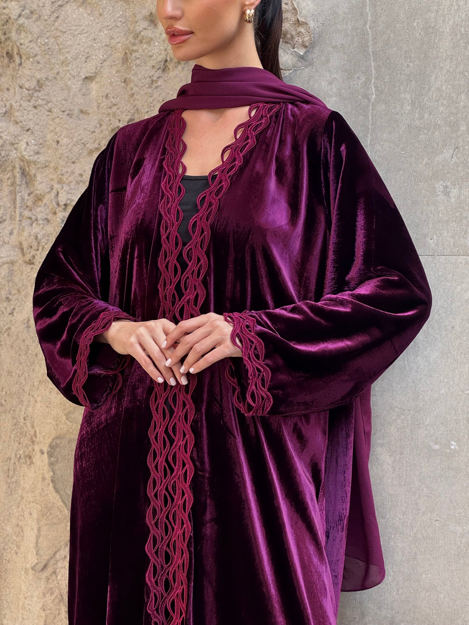 Purple Modern French Velvet Abaya - ROXO