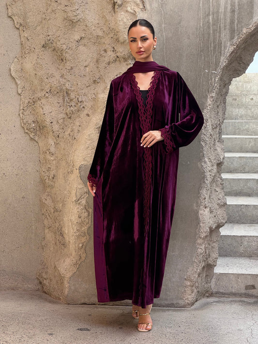 Purple Modern French Velvet Abaya - ROXO