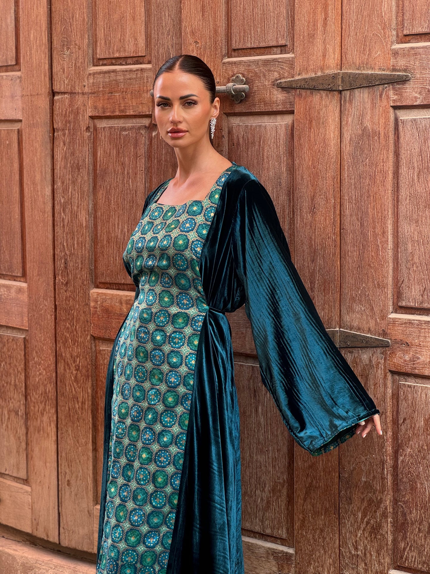 Turquoise Silk Velvet Kaftan - ROXO