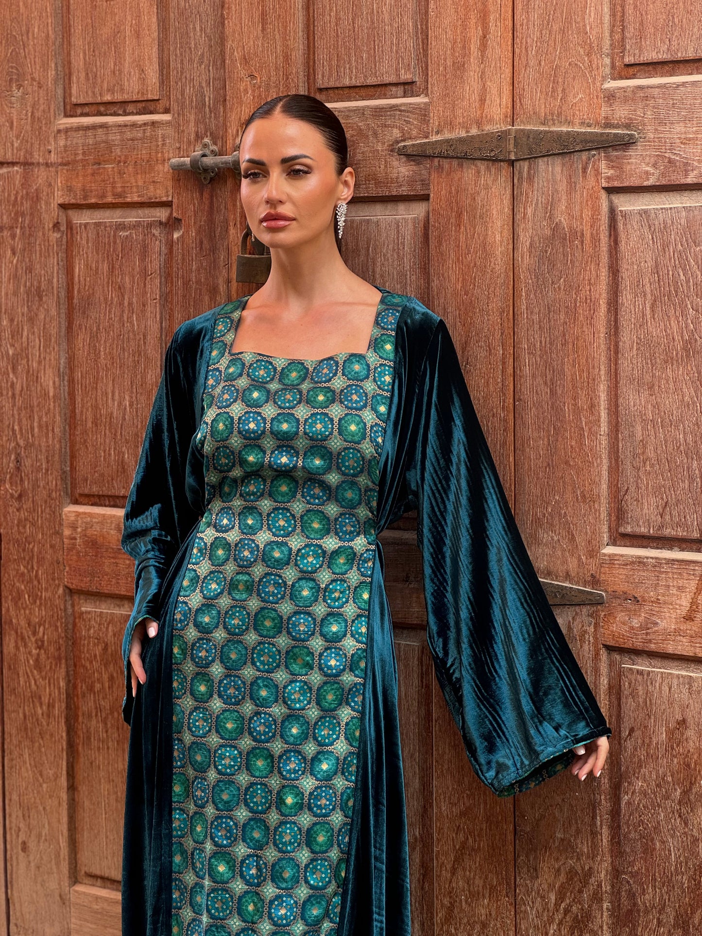 Turquoise Silk Velvet Kaftan - ROXO