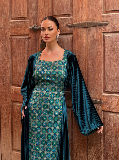 Turquoise Silk Velvet Kaftan - ROXO