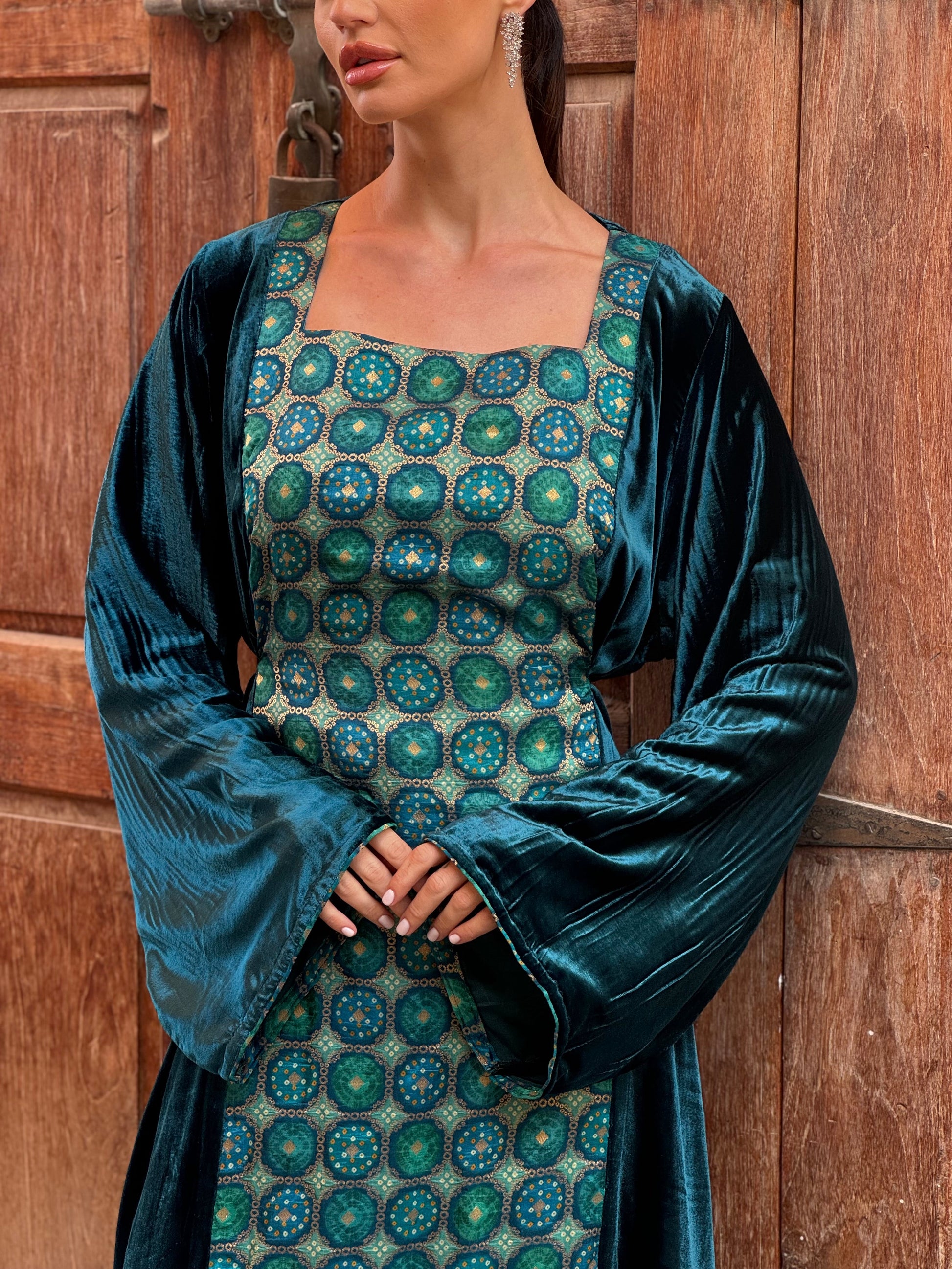Turquoise Silk Velvet Kaftan - ROXO