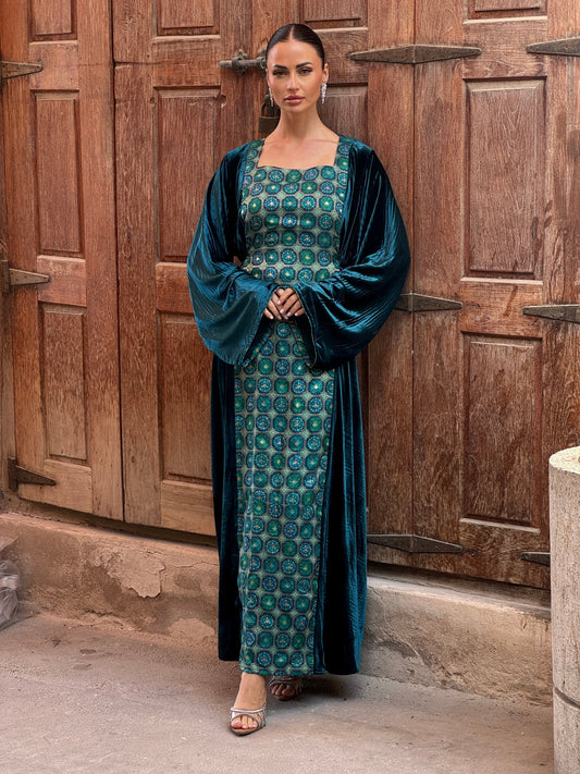 Turquoise Silk Velvet Kaftan - ROXO