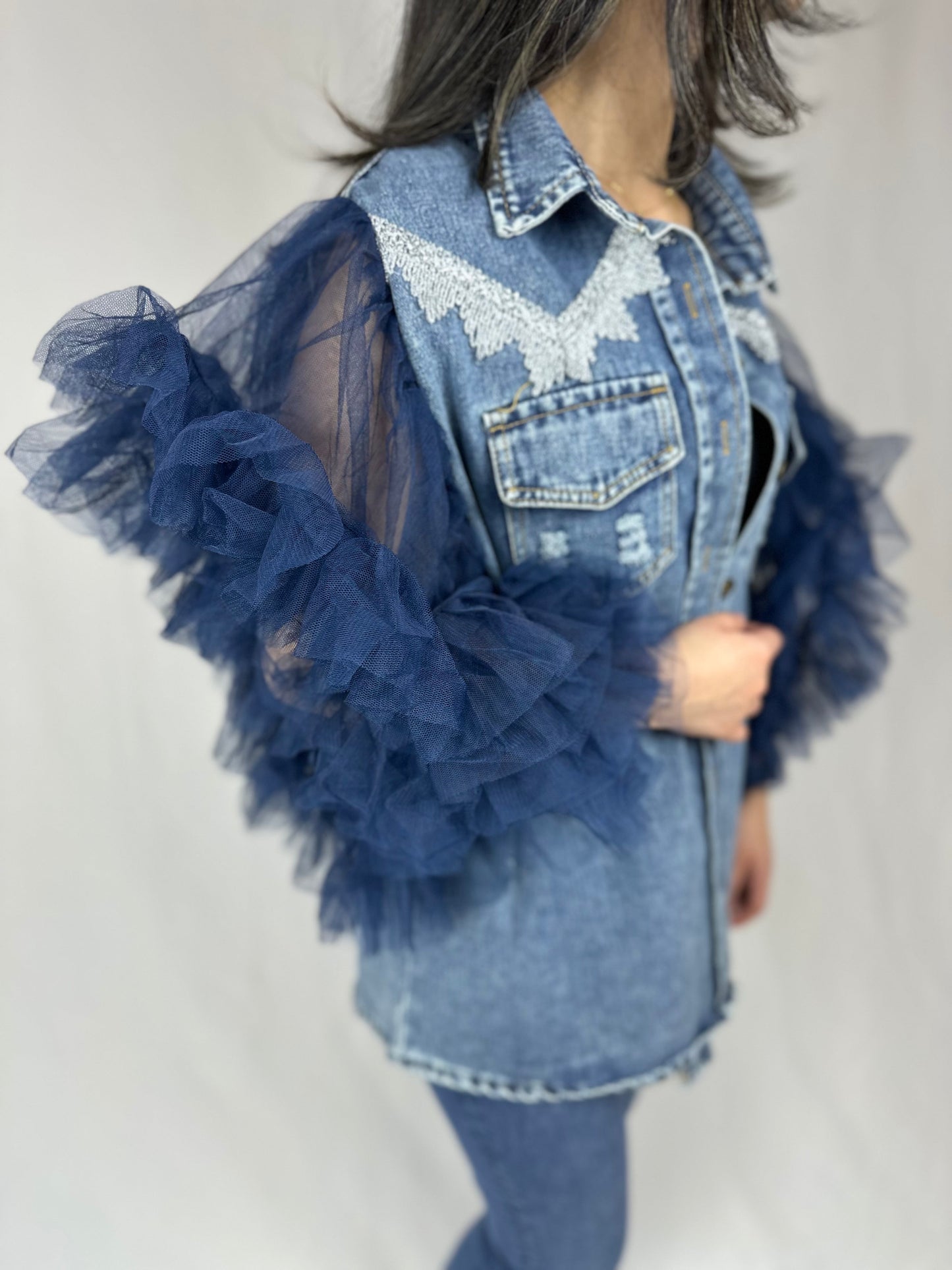 Denim trendy ruffles top - Roxo