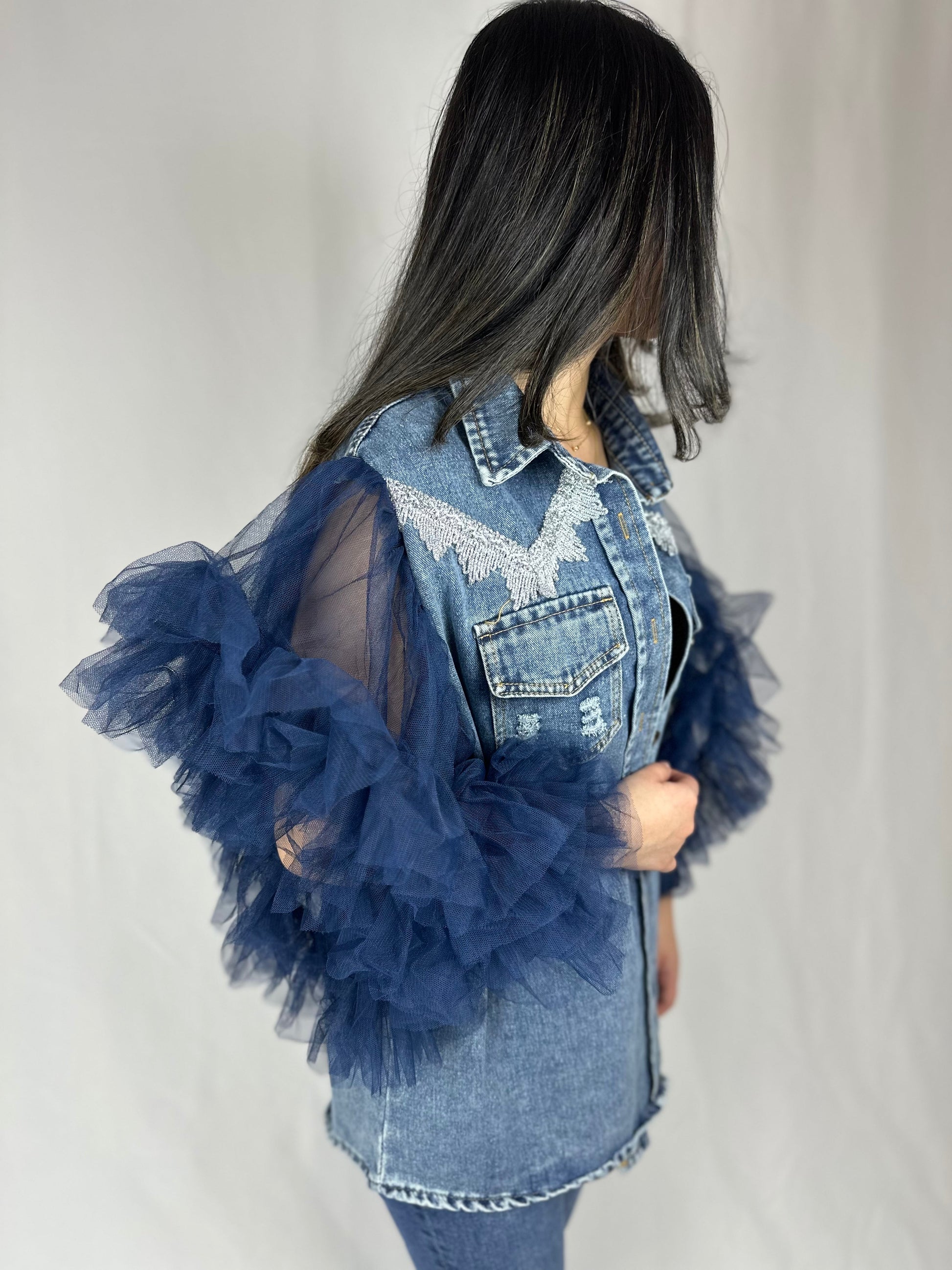 Denim trendy ruffles top - Roxo