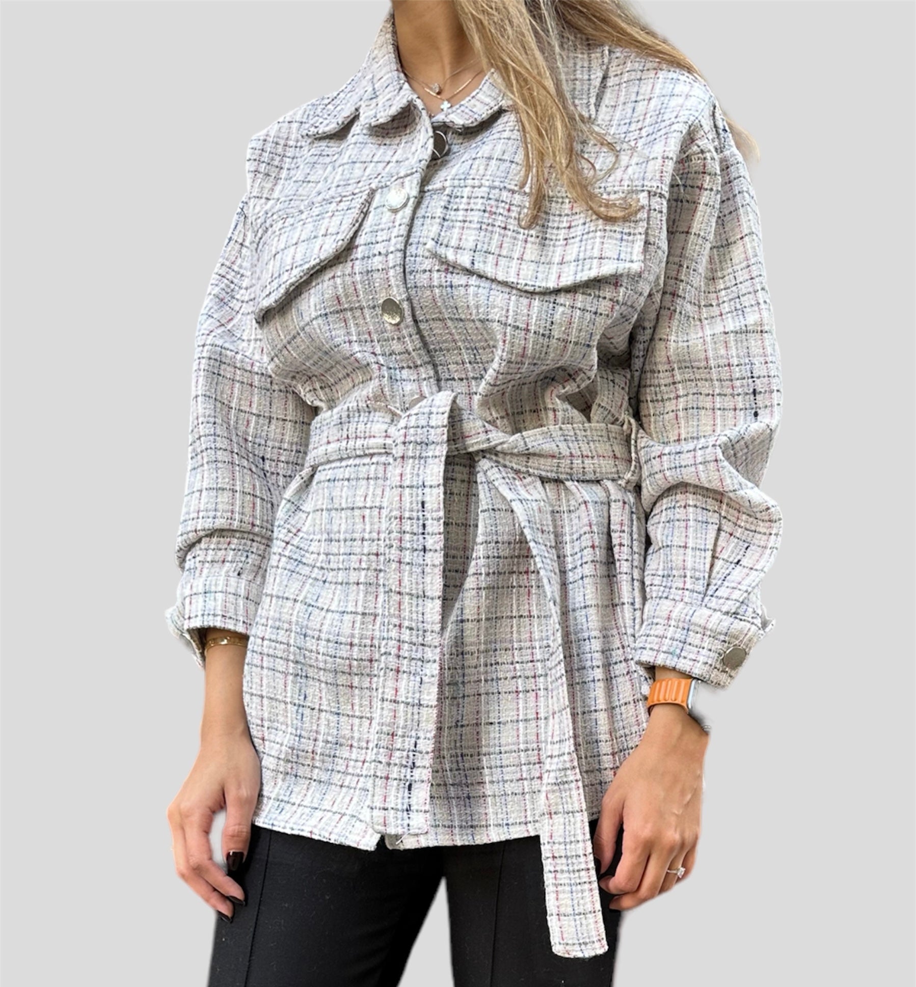 Textured overshirt with metal buttons & textured belt - Roxo